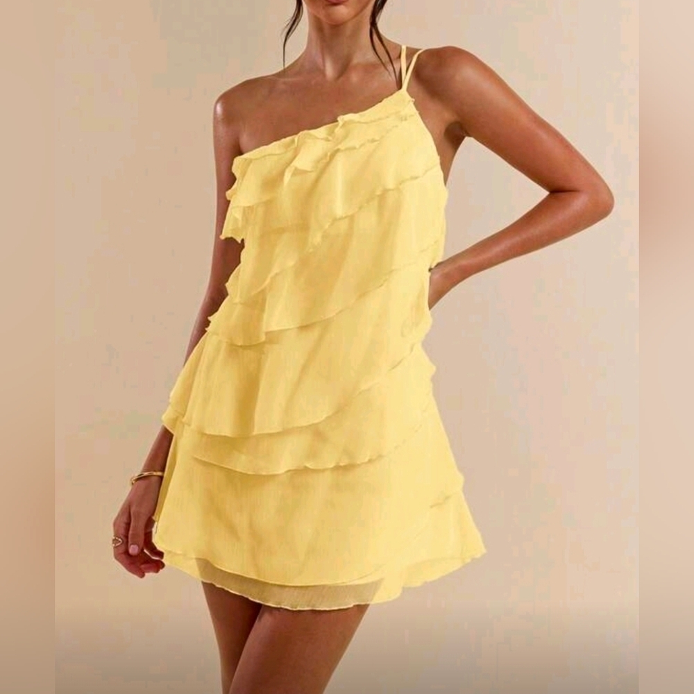 New Flirty Sheer Chiffon Layered Ruffle One Shoulder Mini Dress Yellow - Picture 2 of 9